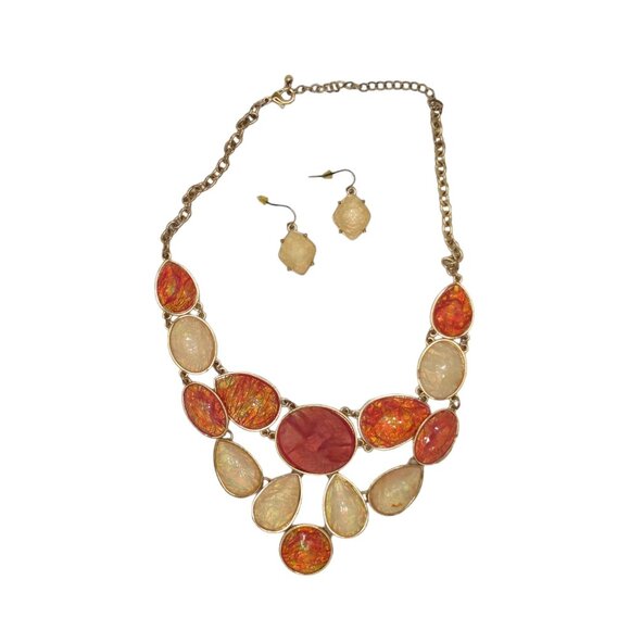 Vintage Statement Necklace with Earrings Set Orange Multicolor Adjustable 20" - Picture 1 of 8
